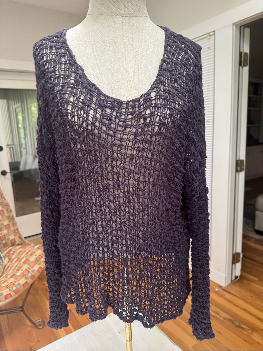 Vintage Nomadic Traders Open-Knit Scoop Neck Sweater in Deep Purple